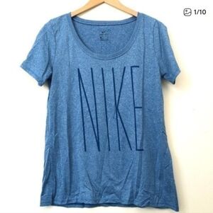 NIKE Dri-Fit Blue Heathered Logo Spellout Scoop Neck Short Sleeve Tee Medium M